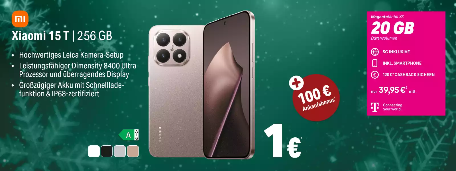 Xiaomi 15 T Smartphone mit 256 GB, Leica Kamera, Tarifangebot und 20 GB Datenvolumen.