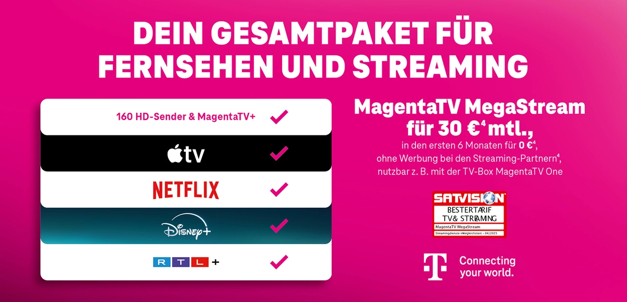 Werbung für MagentaTV MegaStream mit Apple TV, Netflix, Disney+ und RTL+ im Kombipaket.