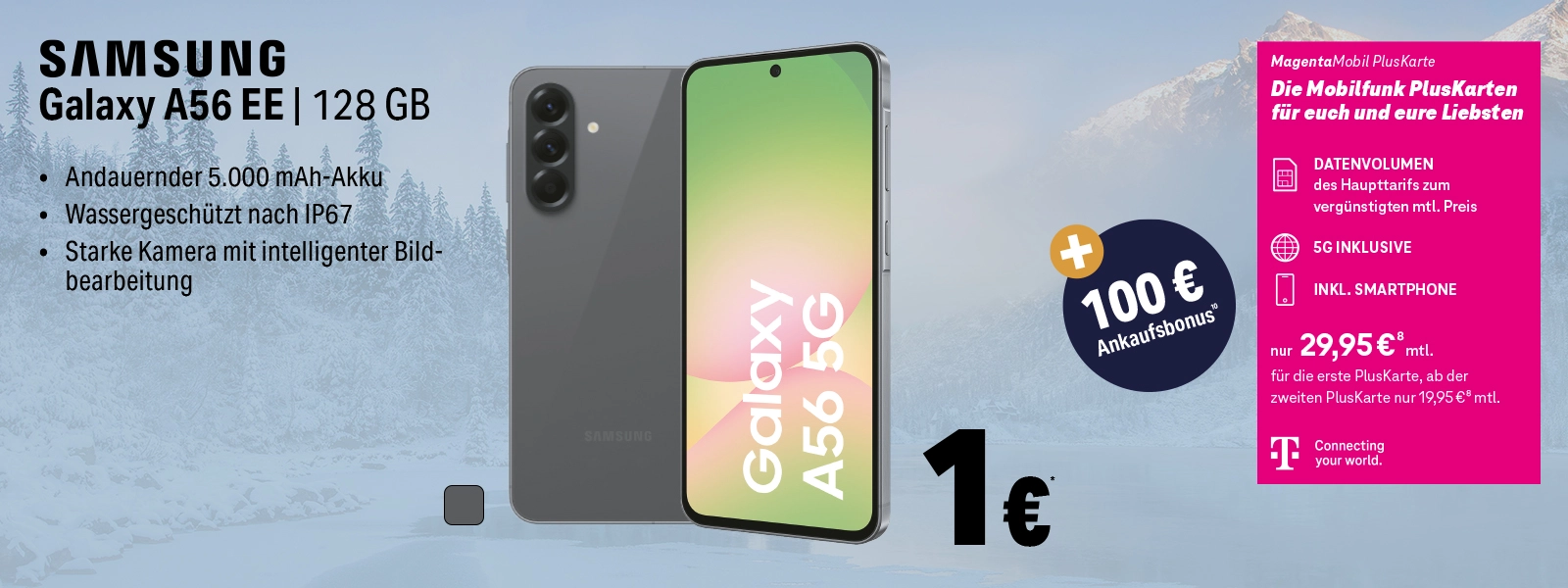Samsung Galaxy A56 EE 128 GB mit starkem Akku, wassergeschützt, 5G und Bonus-Angebot.