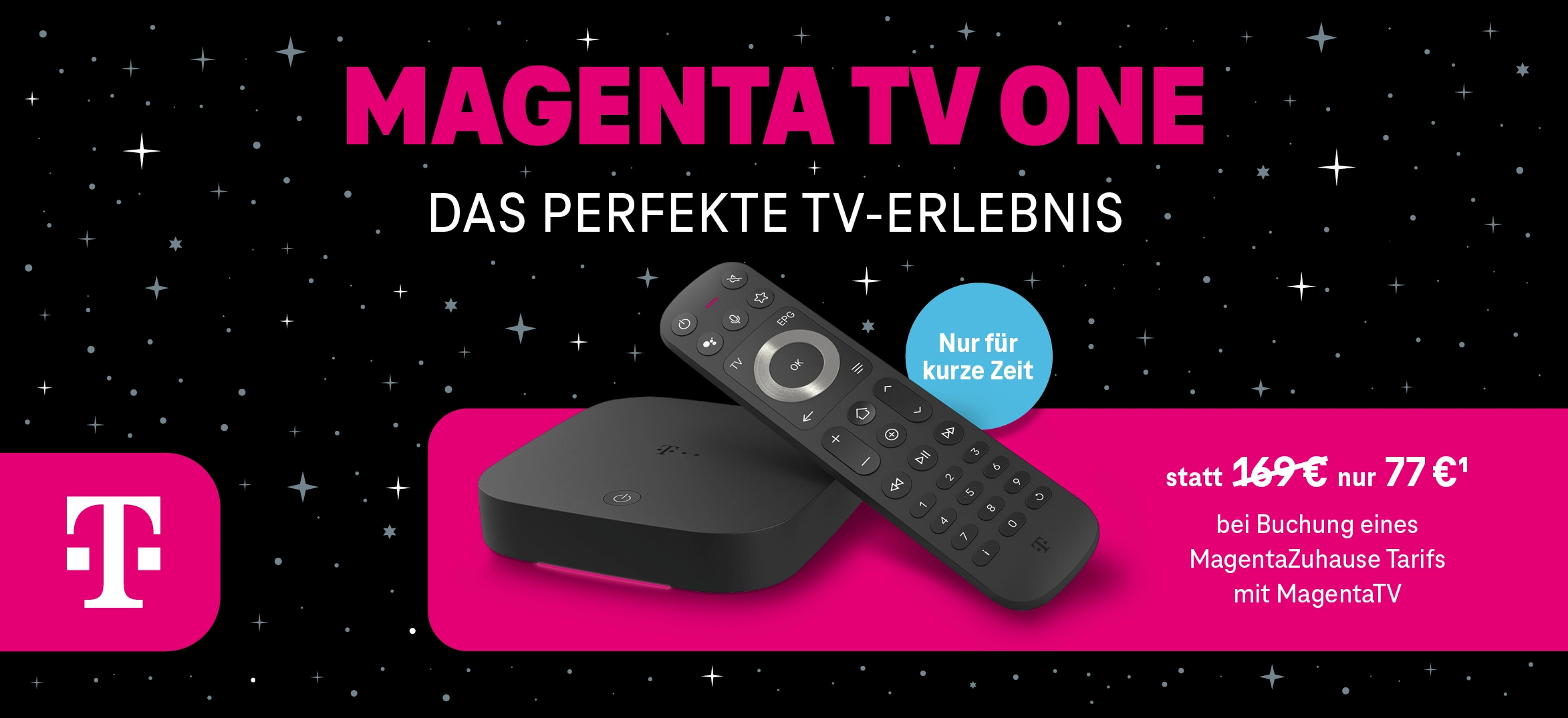MagentaTV One Streaming-Box mit Fernbedienung vor Sternenhintergrund im Telekom Design.