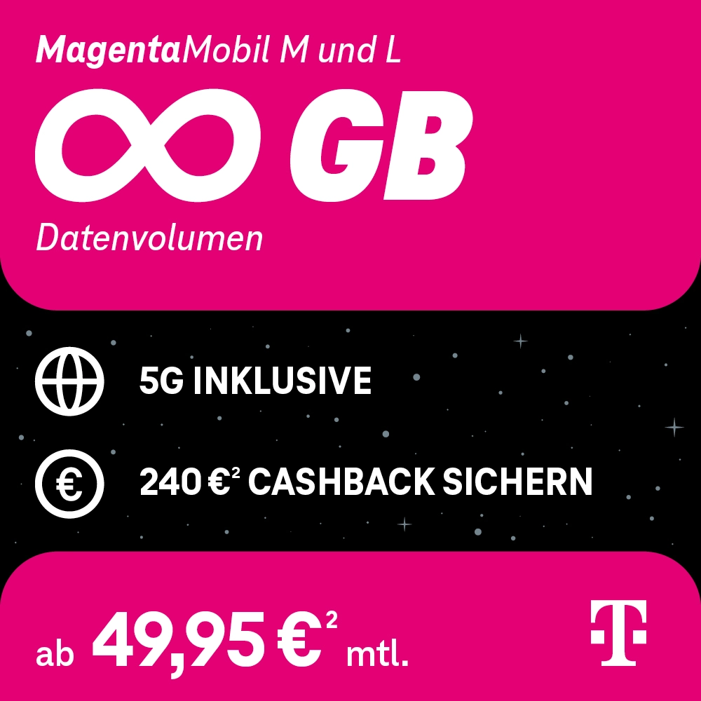 MagentaMobil M und L mit unbegrenztem Datenvolumen, 5G und Cashback-Angebot.