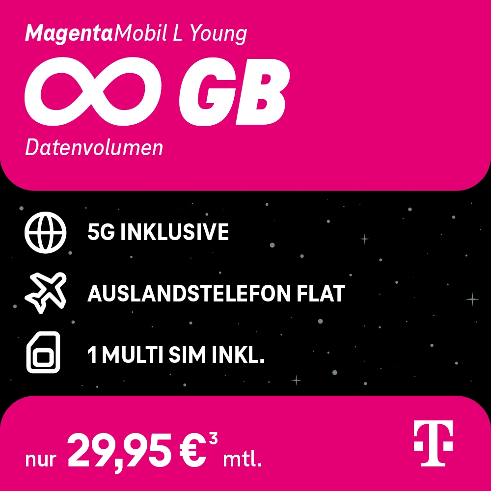Werbung für MagentaMobil L Young mit unbegrenztem Datenvolumen, 5G und Auslandsflat.