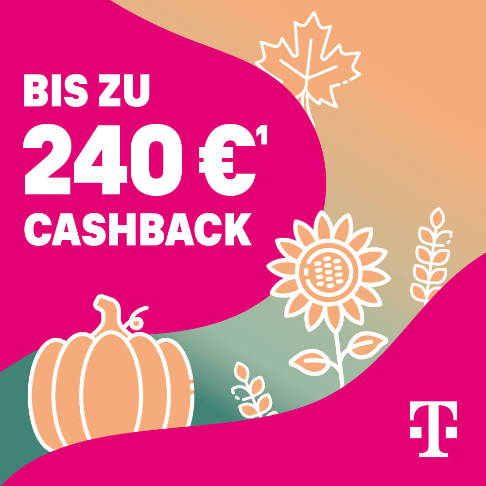 Telekom Cashback-Aktion mit Herbstmotiven wie Kürbis, Sonnenblume und Blatt.