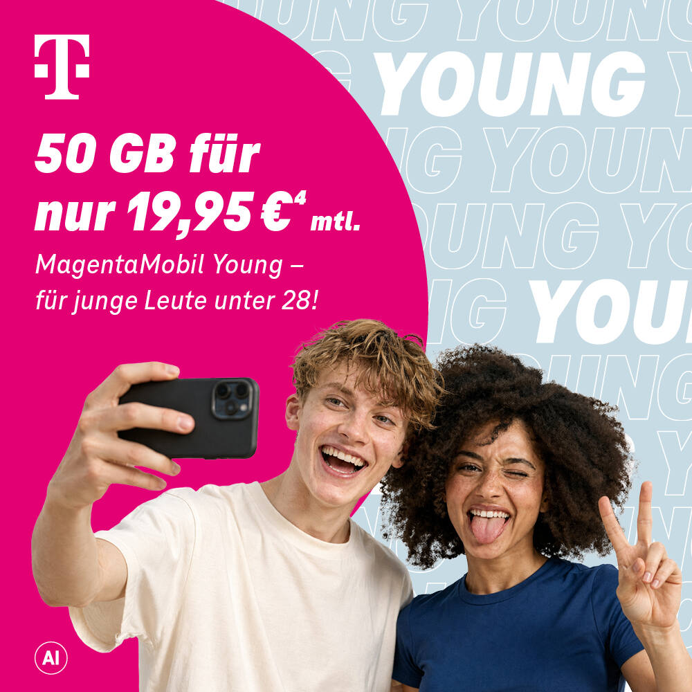 Telekom MagentaMobil Young: zwei junge Leute machen Selfie mit Smartphone.